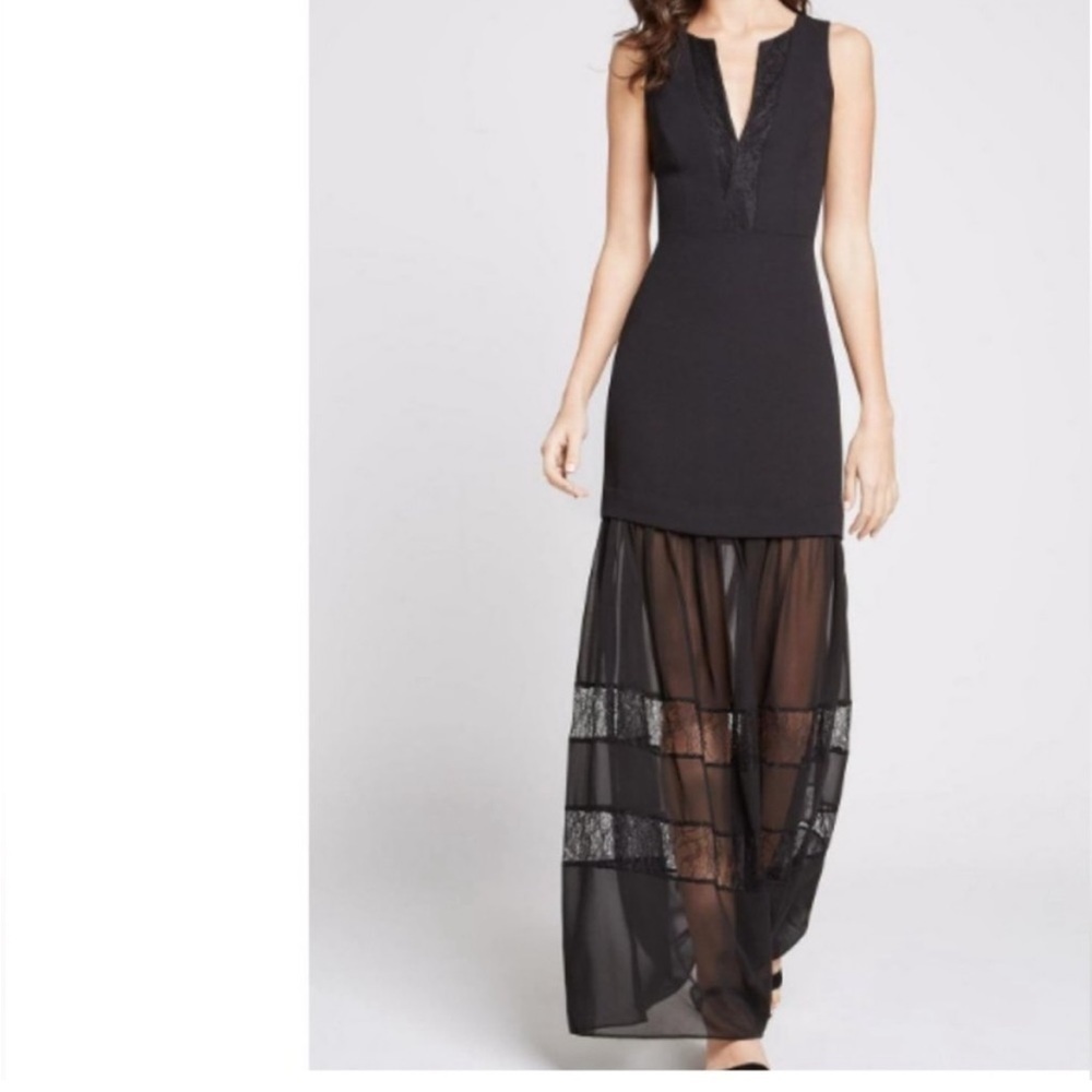 BCBGeneration Size 4 Black Maxi Dress Sleeveless Tiered Lace Sheer